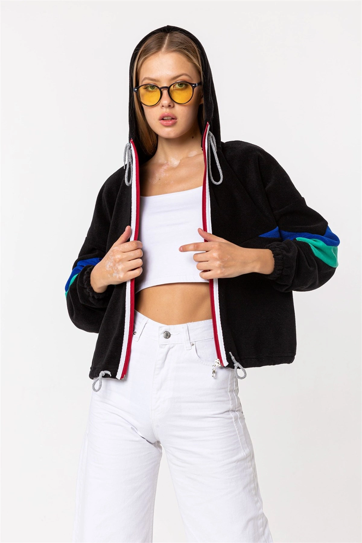 Kadın Siyah Fermuarlı Kapüşonlu Polar Sweatshirt