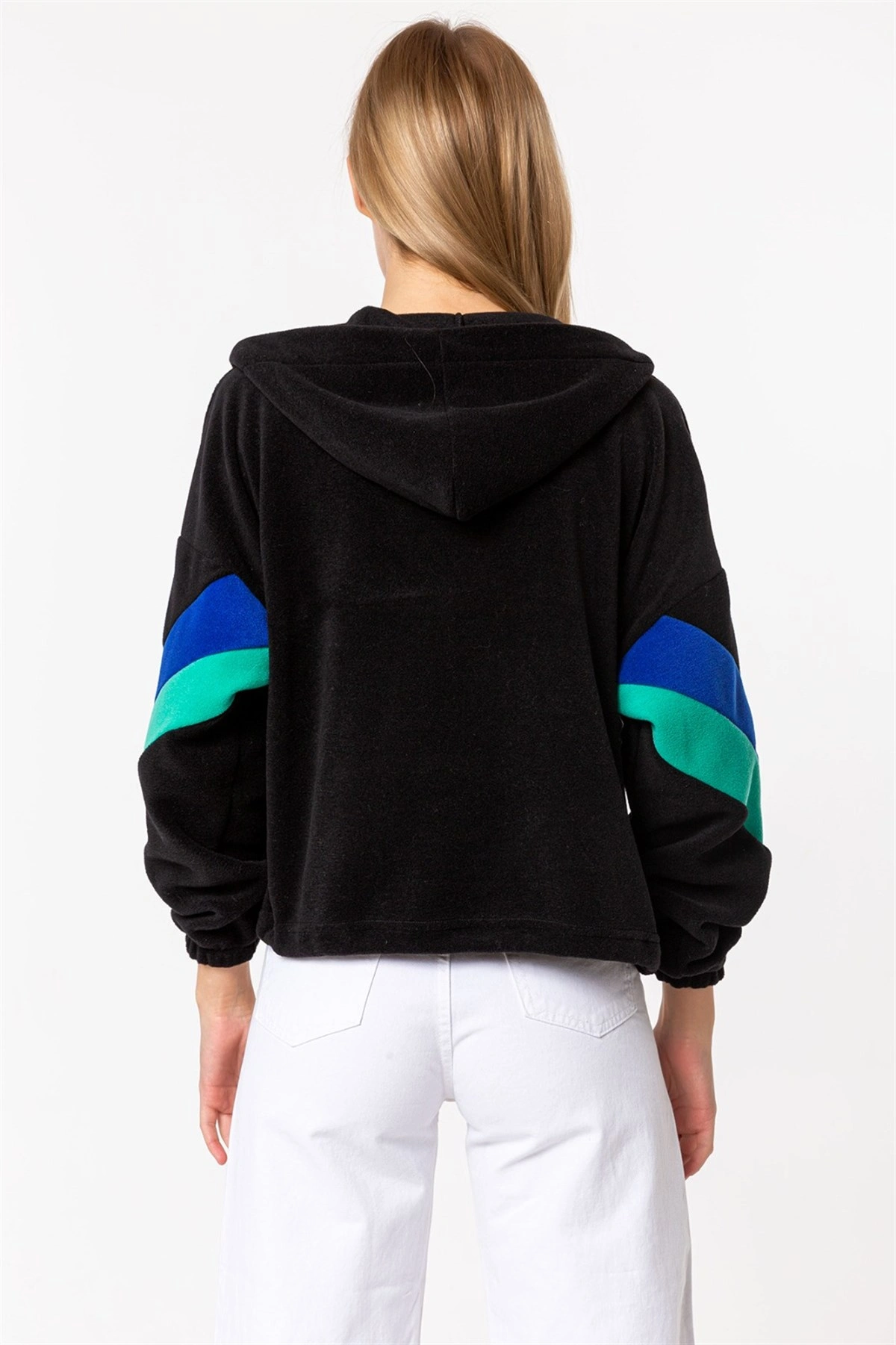 Kadın Siyah Fermuarlı Kapüşonlu Polar Sweatshirt