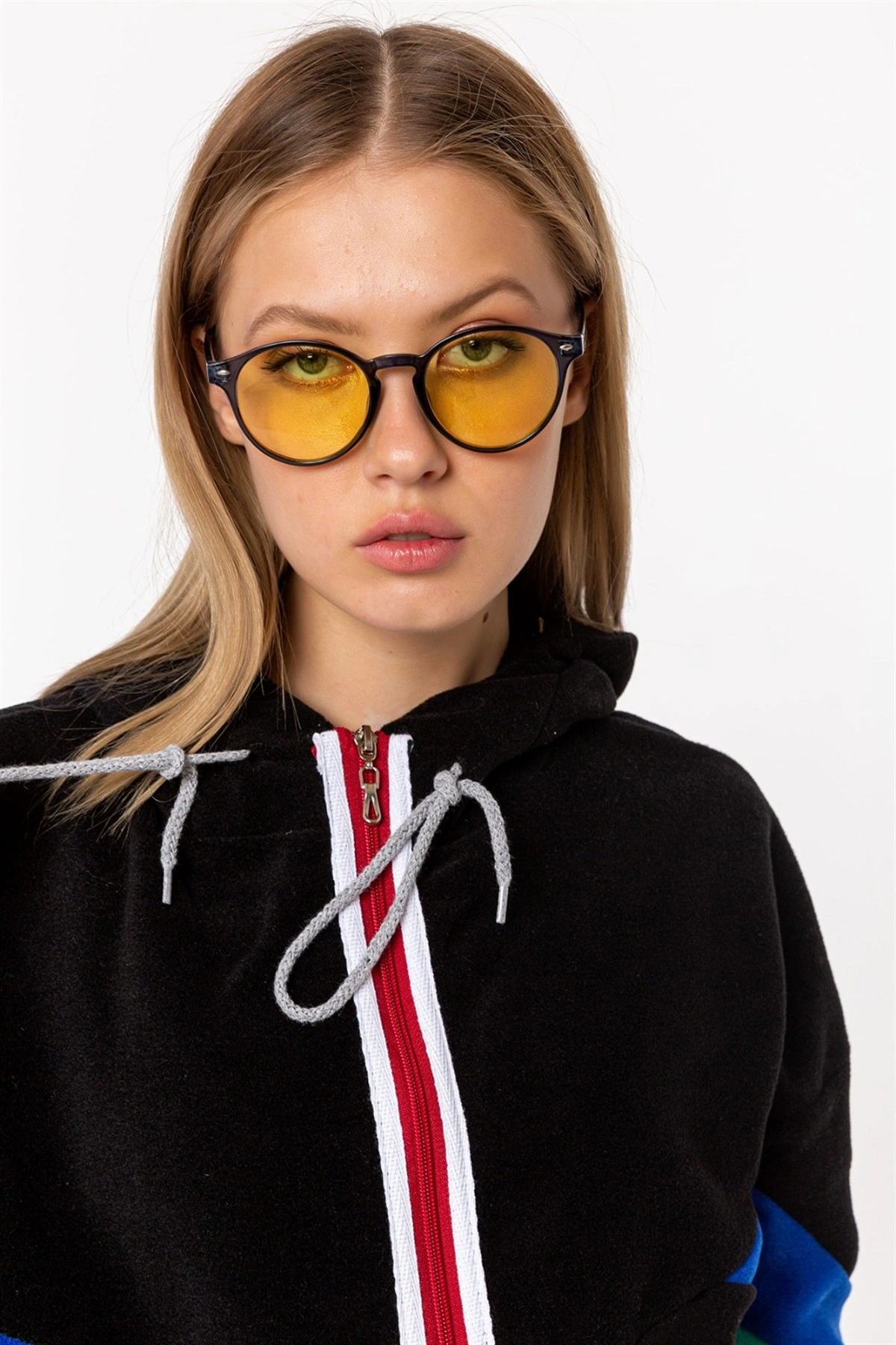 Kadın Siyah Fermuarlı Kapüşonlu Polar Sweatshirt