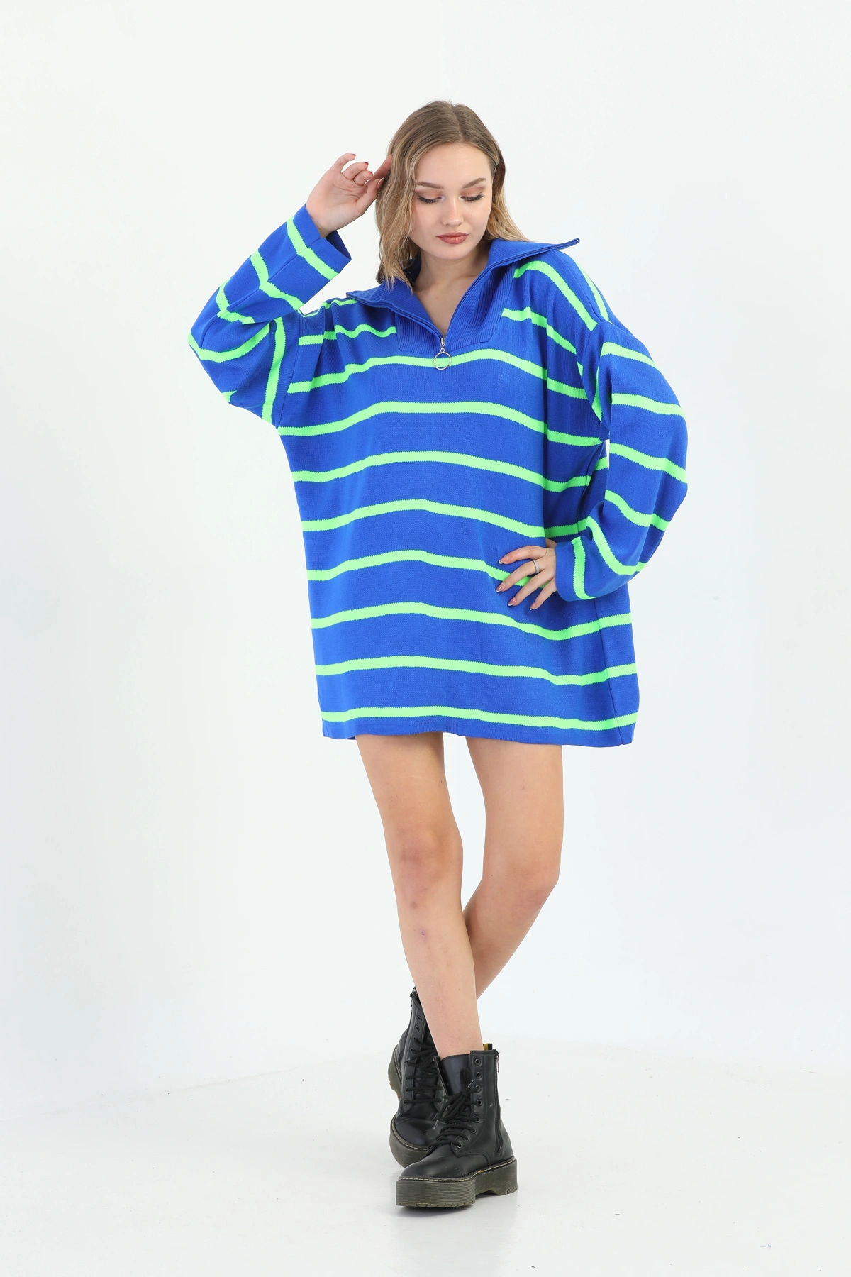 Pullaps Kadın Çizgili Fermuarlı Oversize Triko