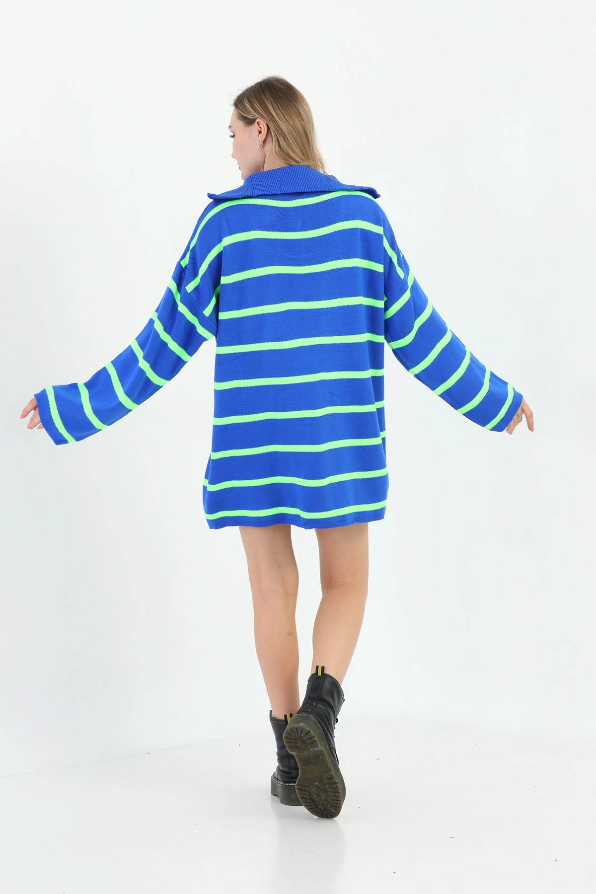 Pullaps Kadın Çizgili Fermuarlı Oversize Triko