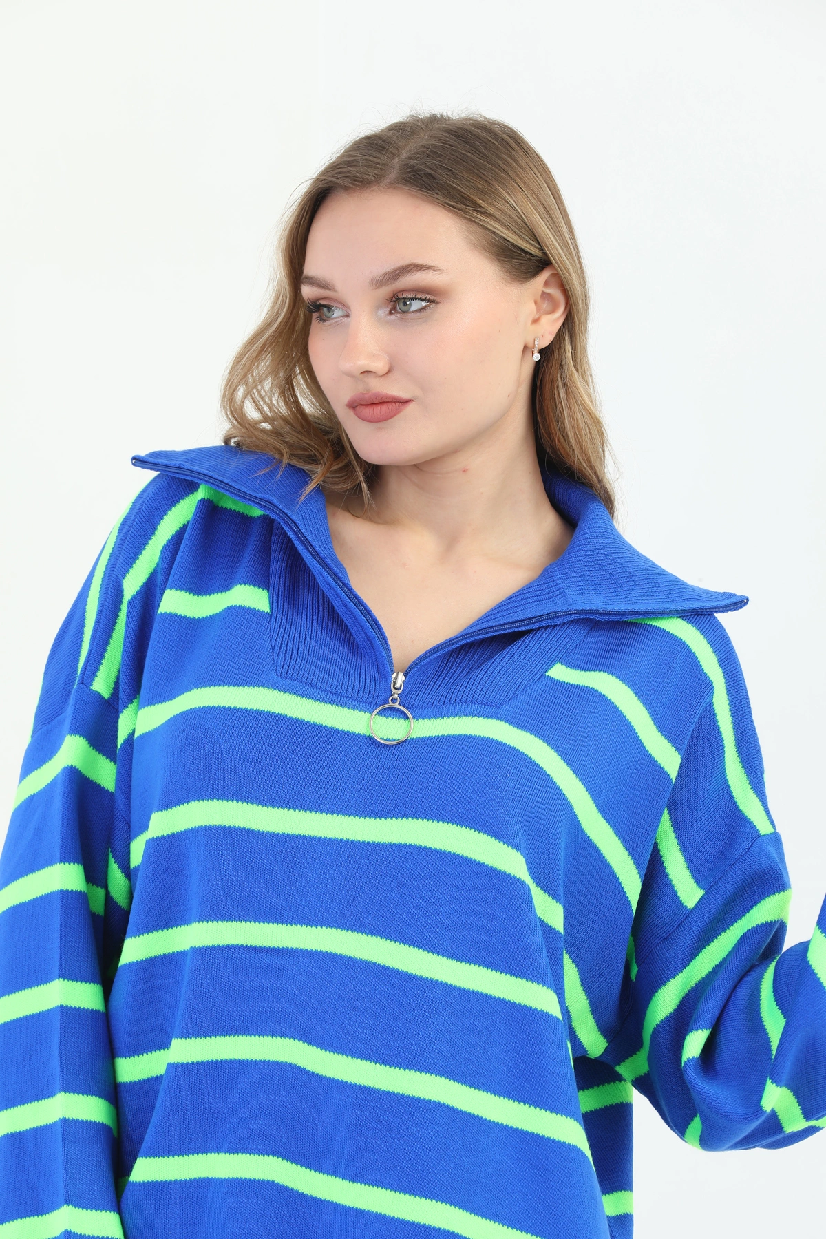 Pullaps Kadın Çizgili Fermuarlı Oversize Triko