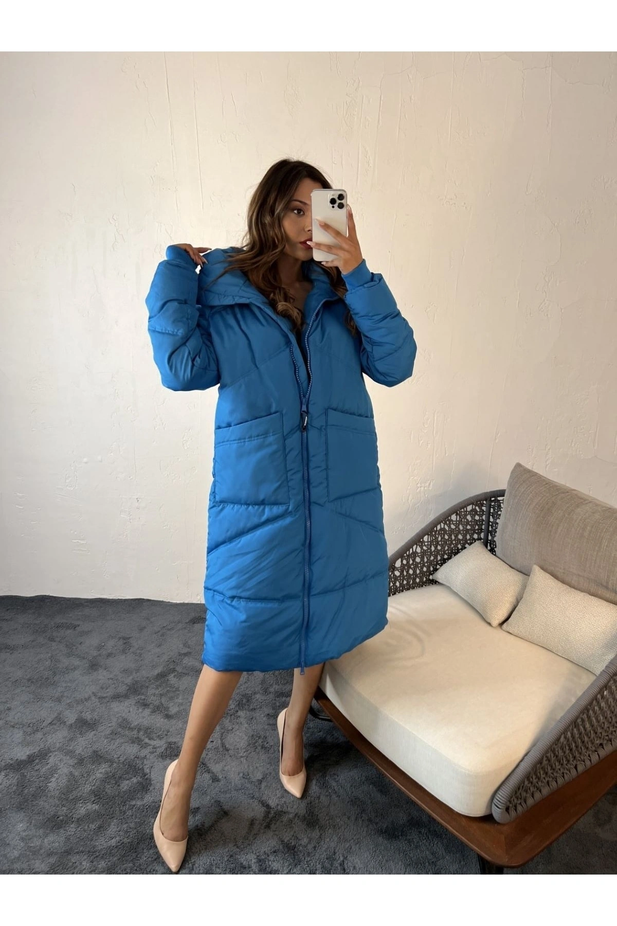 Fame İstanbul Kadın Oversize Mavi Şişme Uzun Kaban