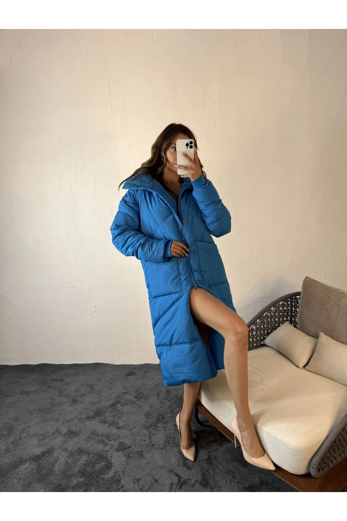 Fame İstanbul Kadın Oversize Mavi Şişme Uzun Kaban