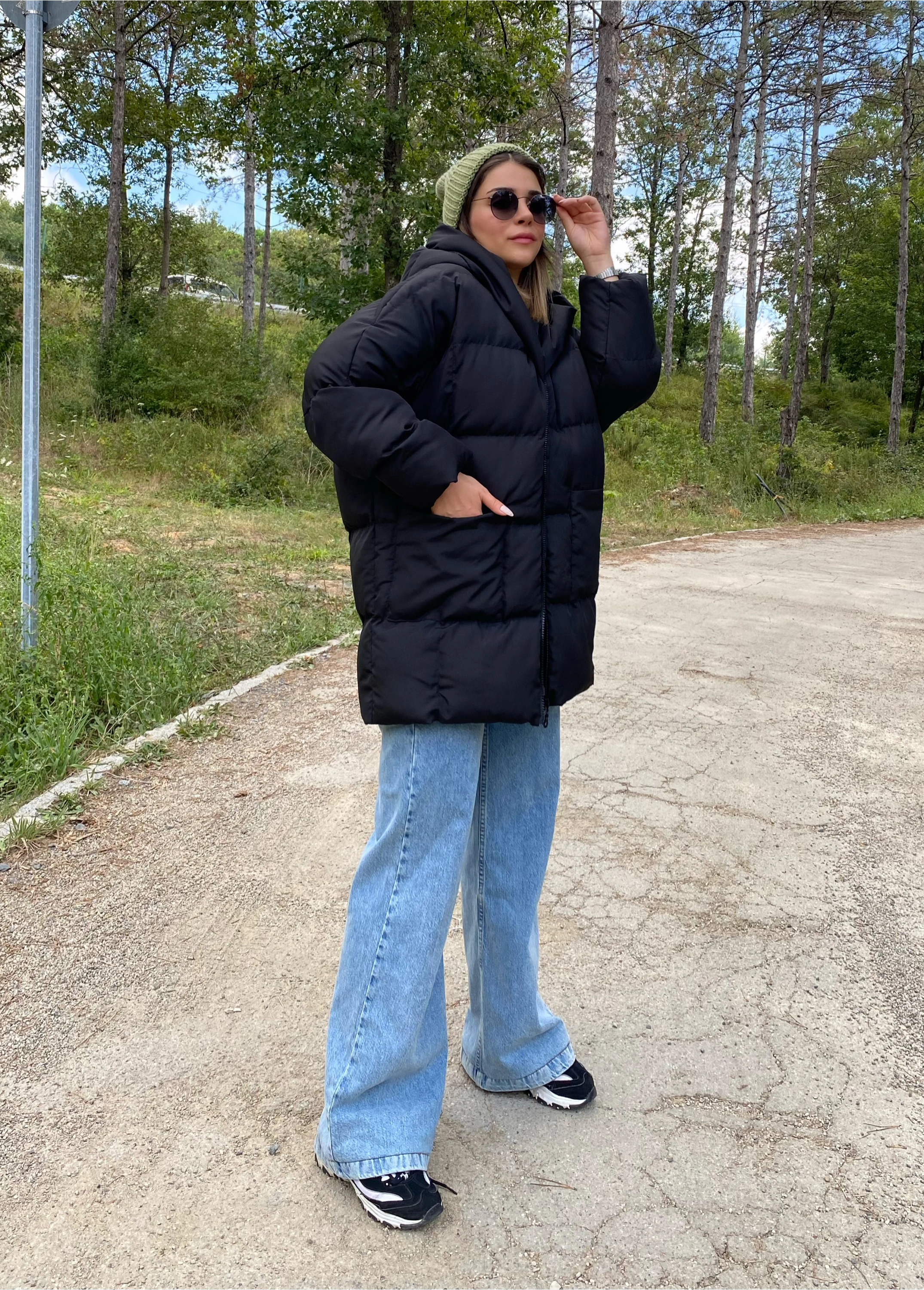 Kadın Oversize Yarasa Kol Jel Dolum Kapüşonlu Şişme Mont