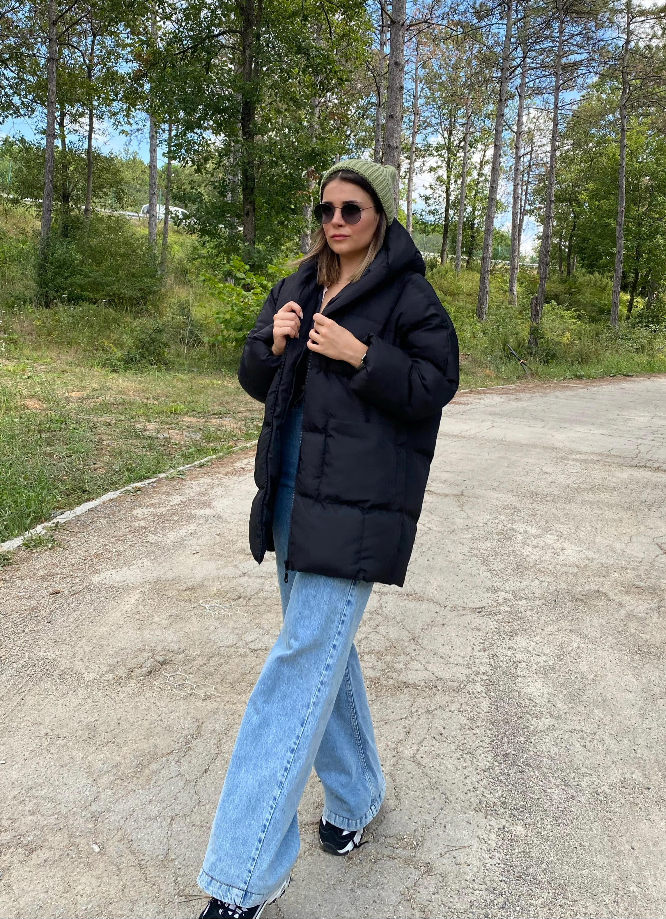 Kadın Oversize Yarasa Kol Jel Dolum Kapüşonlu Şişme Mont