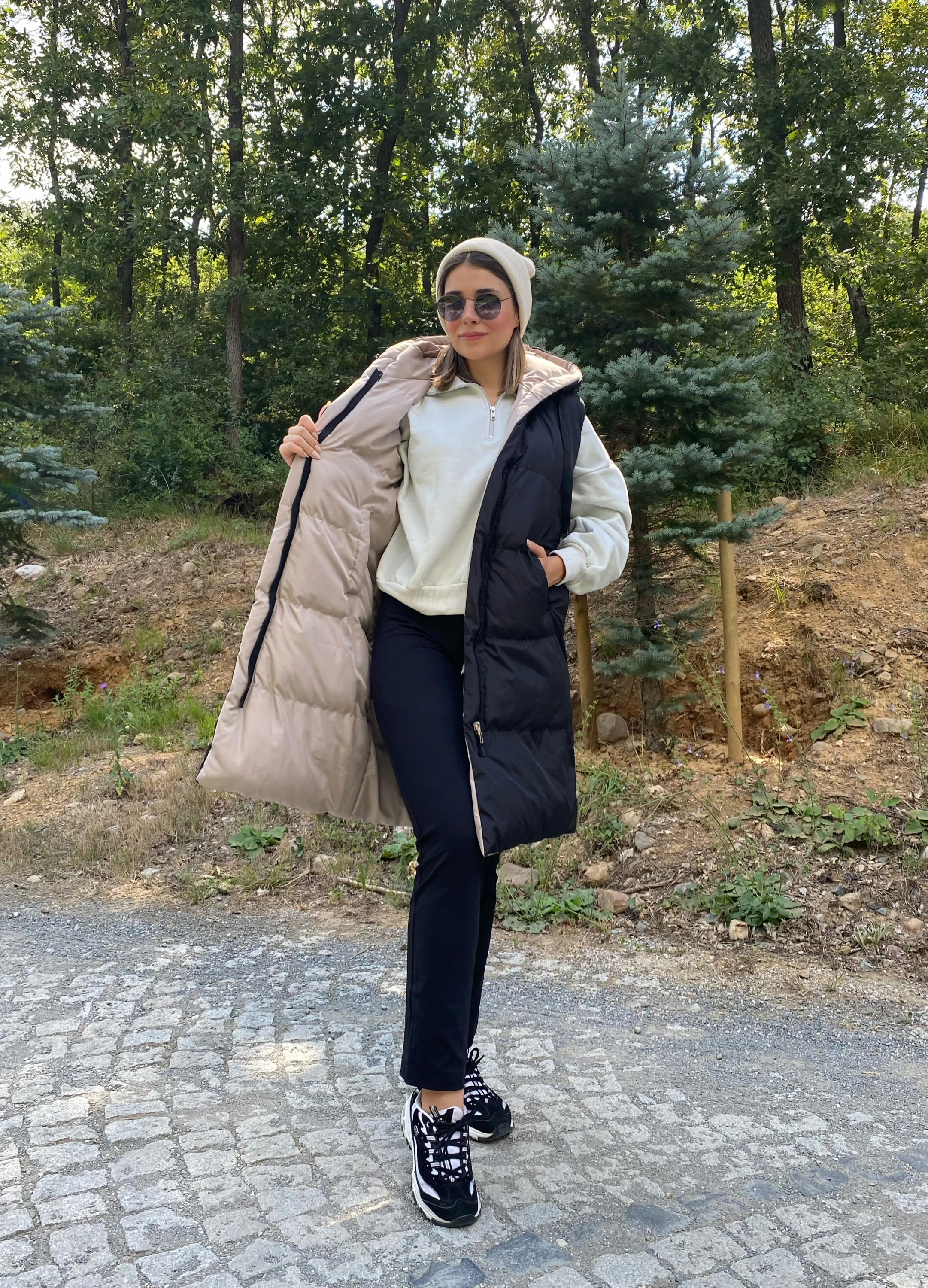 Kadın Siyah Çift Taraflı Fermuarlı Uzun Şişme Yelek