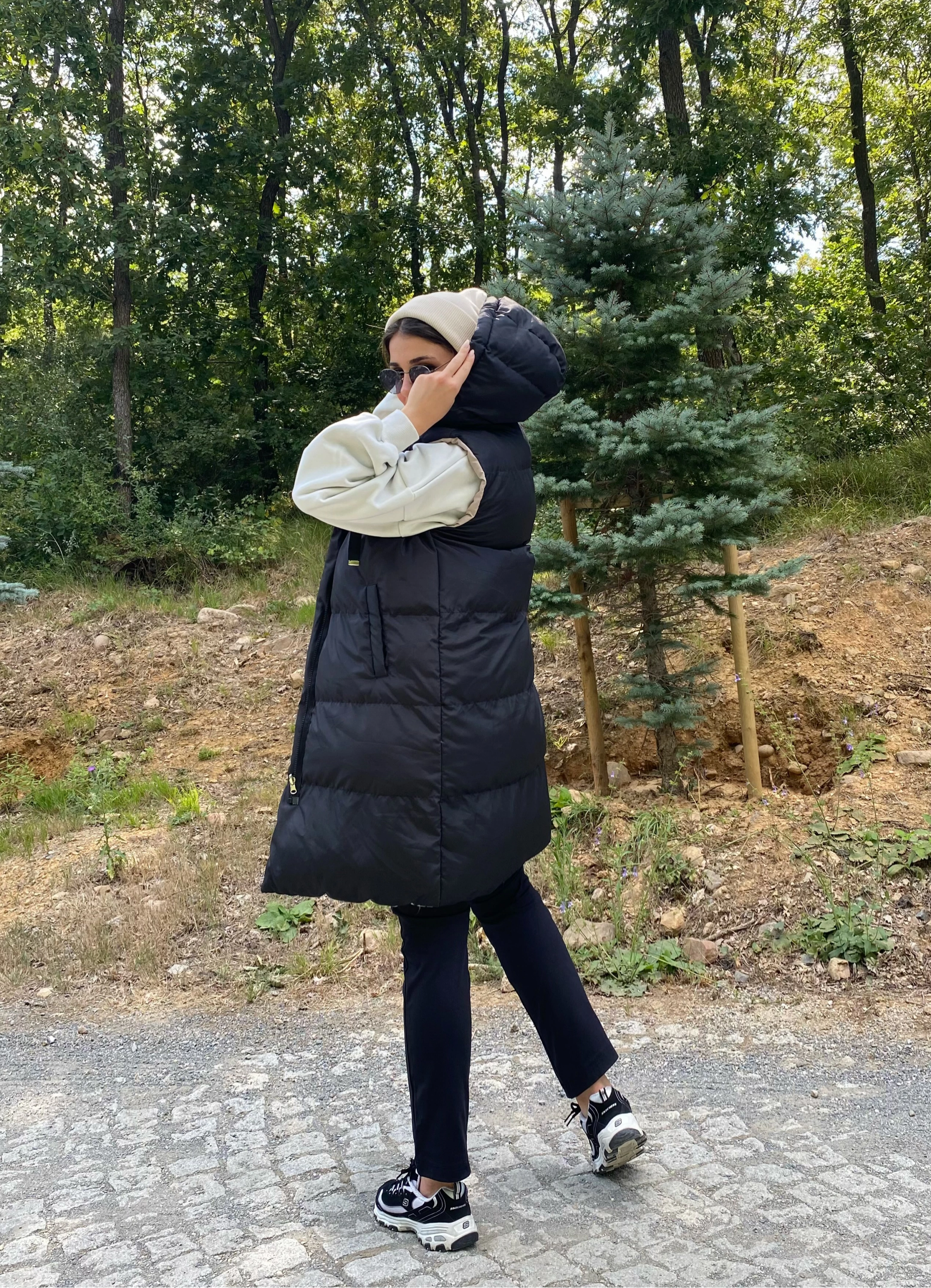 Kadın Siyah Çift Taraflı Fermuarlı Uzun Şişme Yelek