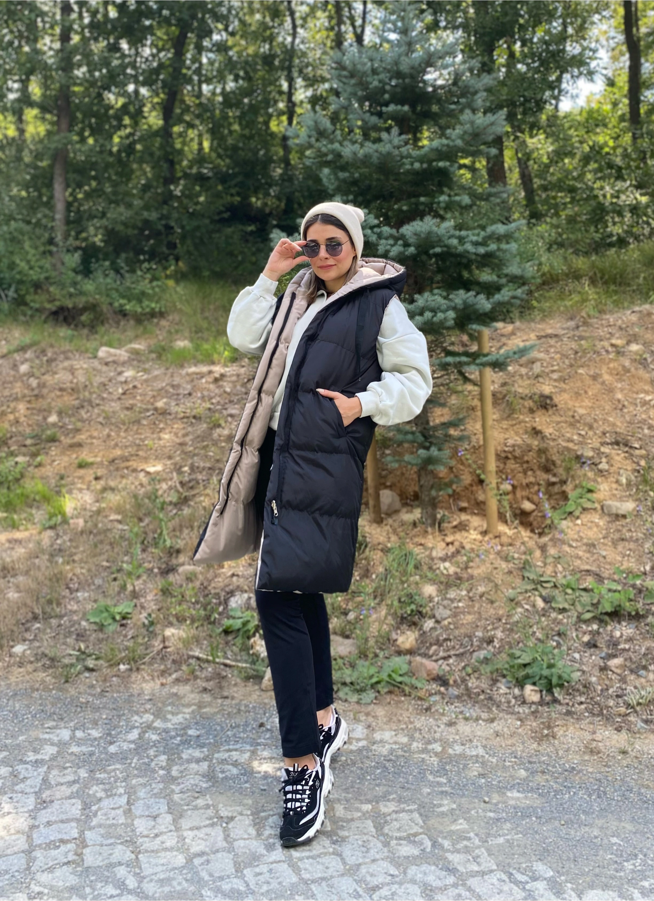 Kadın Siyah Çift Taraflı Fermuarlı Uzun Şişme Yelek