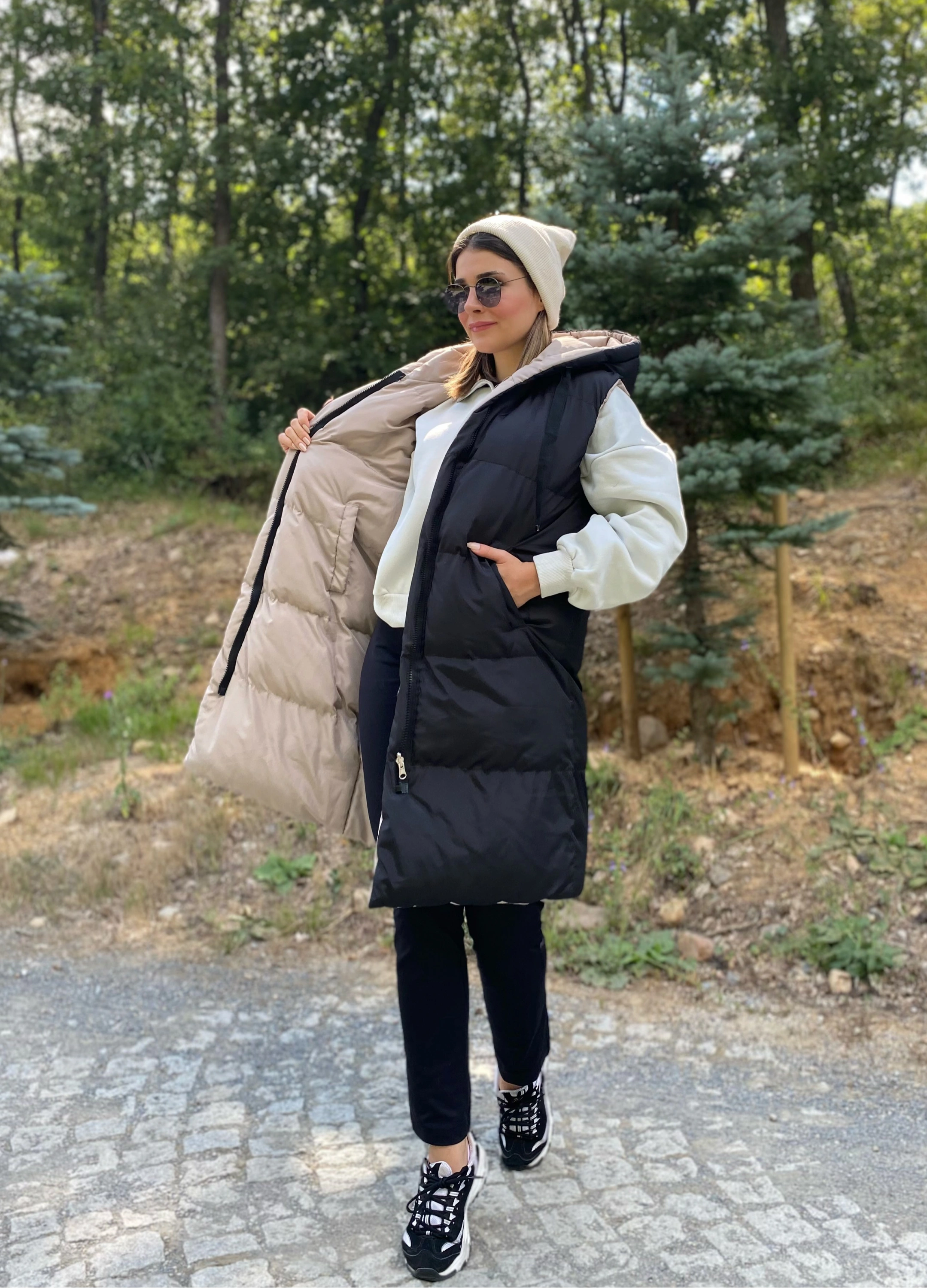 Kadın Siyah Çift Taraflı Fermuarlı Uzun Şişme Yelek