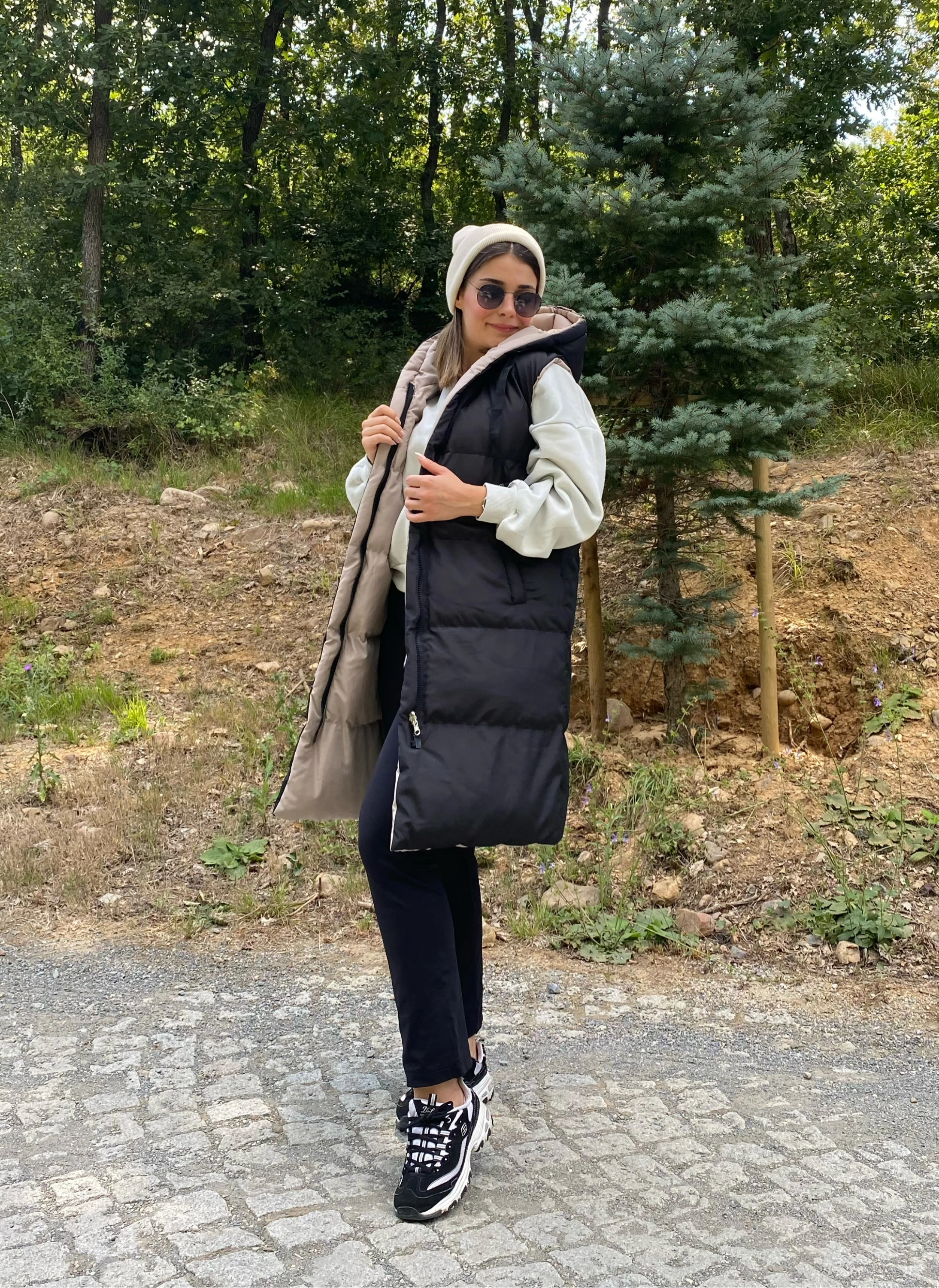 Kadın Siyah Çift Taraflı Fermuarlı Uzun Şişme Yelek