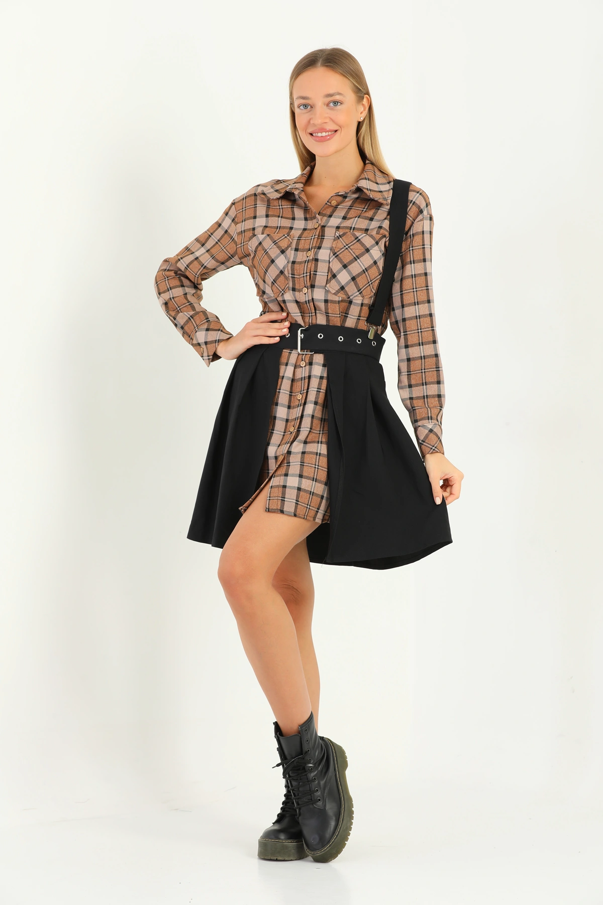 Kadın Etekli kareli elbise kahve