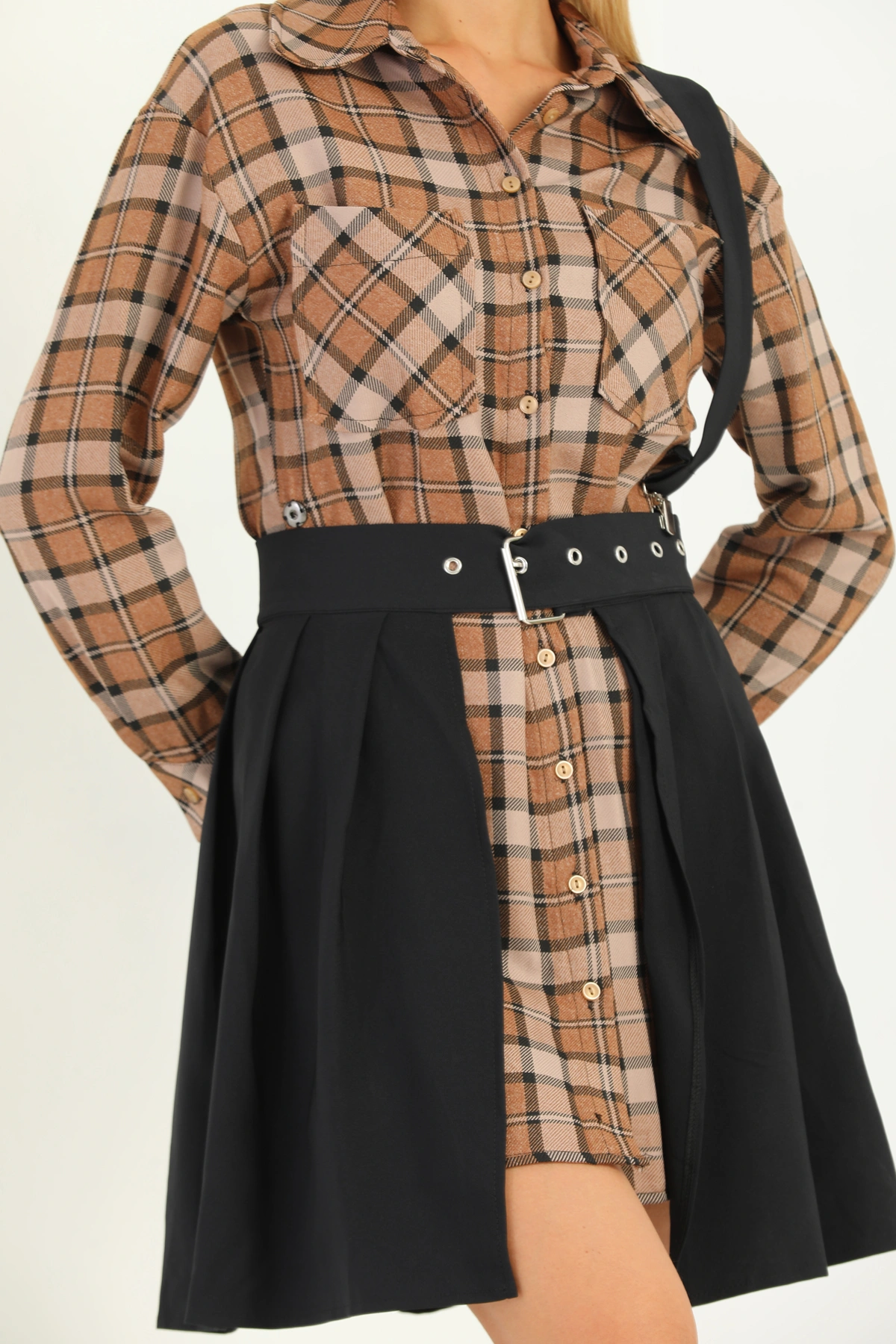 Kadın Etekli kareli elbise kahve