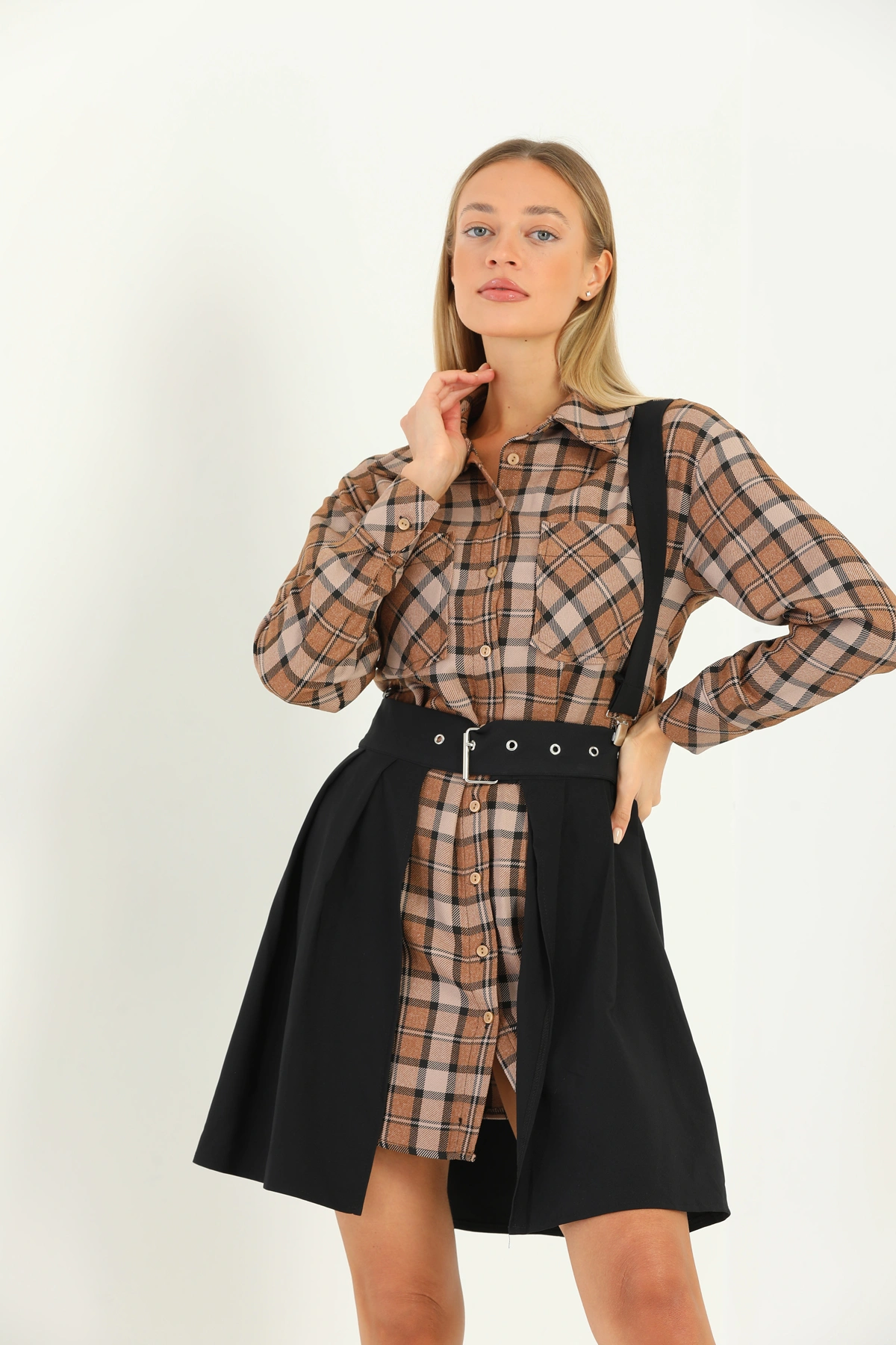 Kadın Etekli kareli elbise kahve