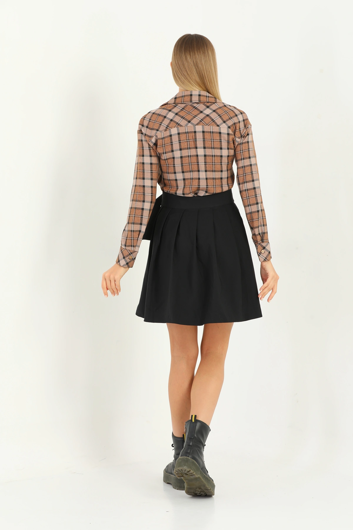 Kadın Etekli kareli elbise kahve