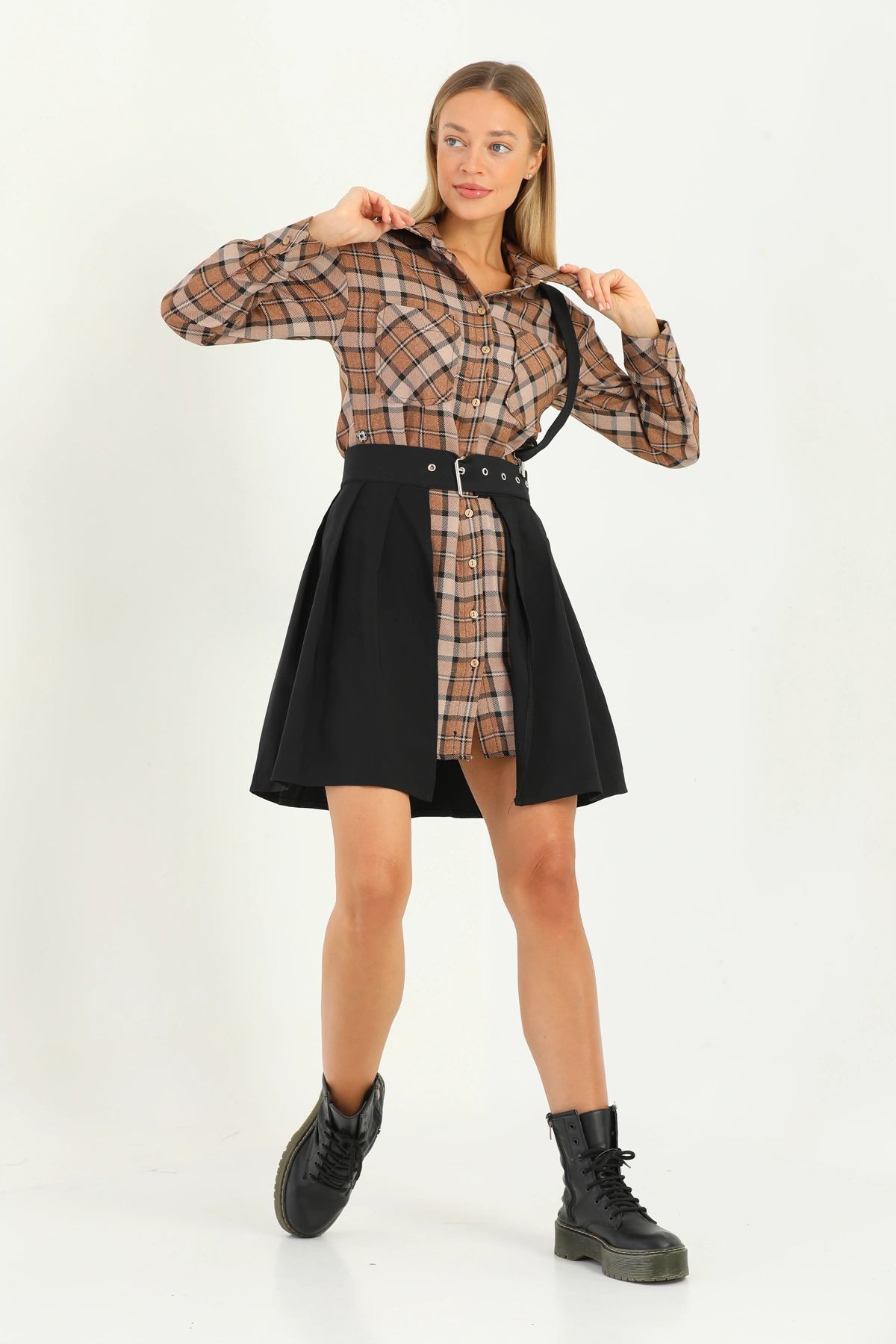 Kadın Etekli kareli elbise kahve