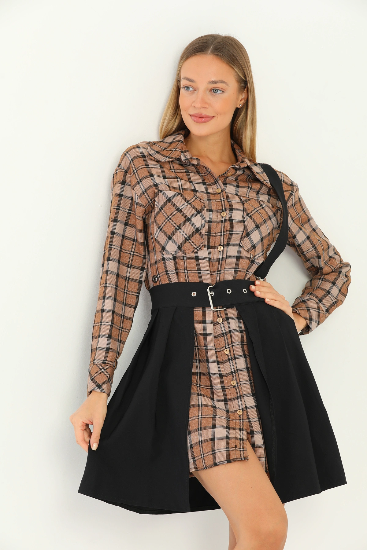 Kadın Etekli kareli elbise kahve