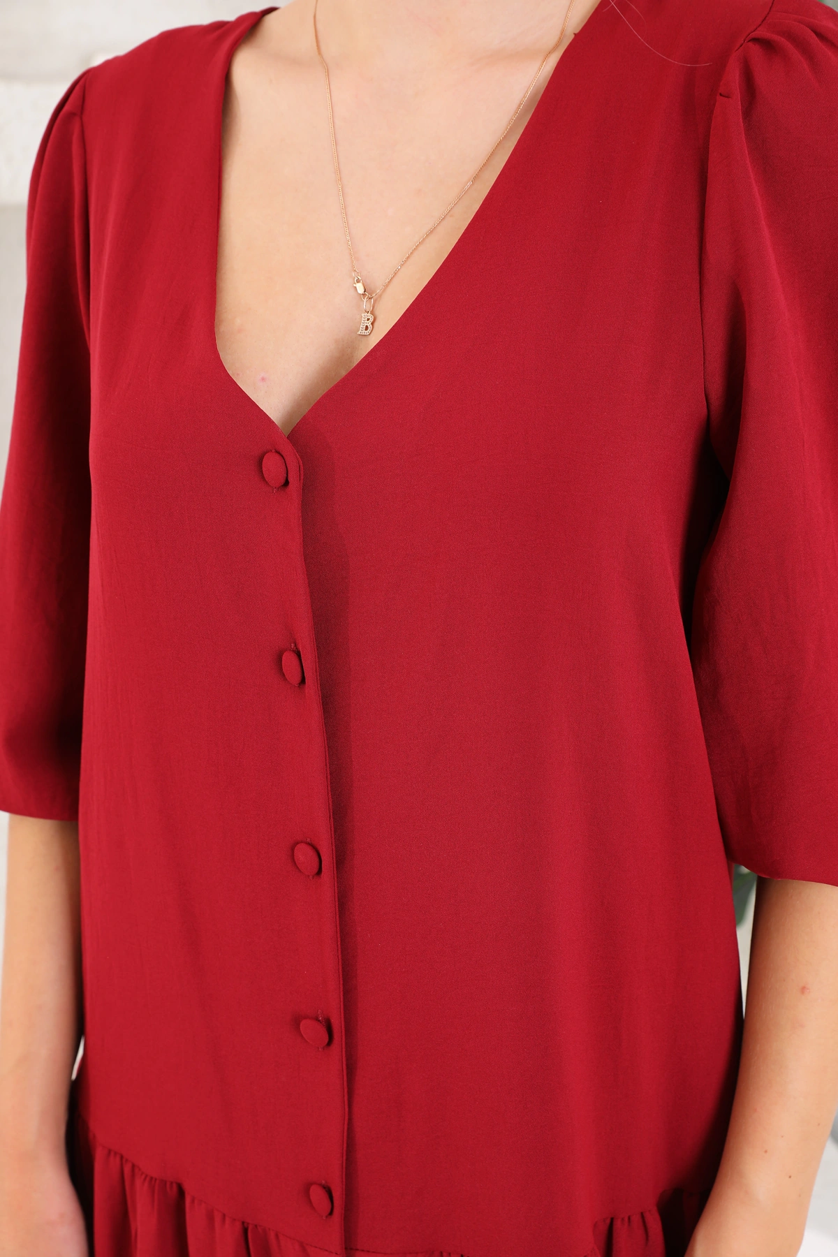 V yaka Önden Düğmeli Elbise