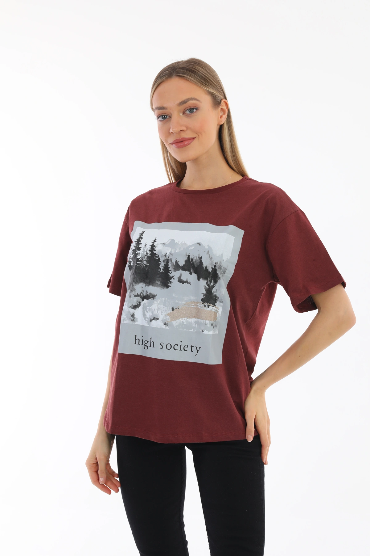 Oversize Baskılı Bordo Tişört