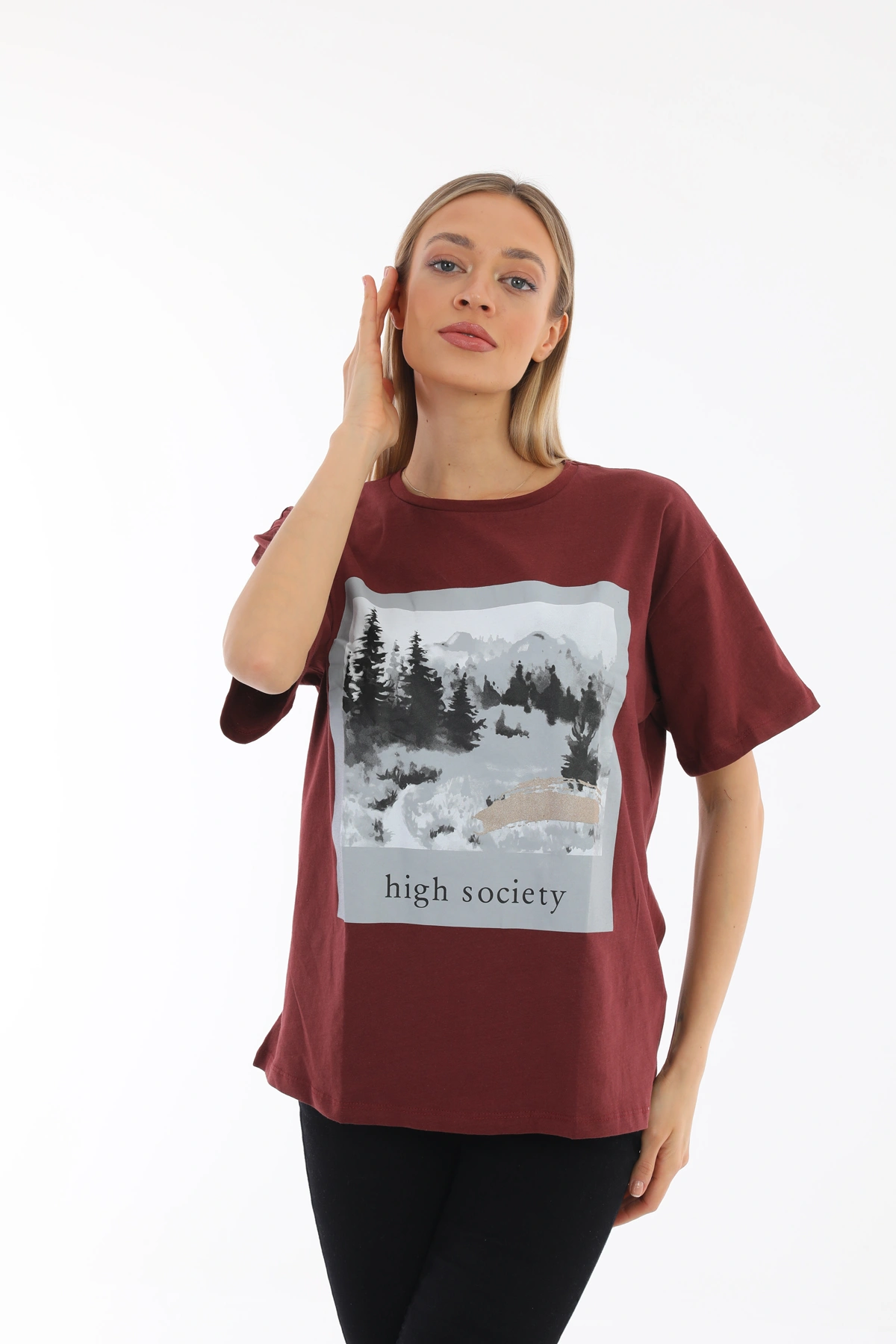 Oversize Baskılı Bordo Tişört