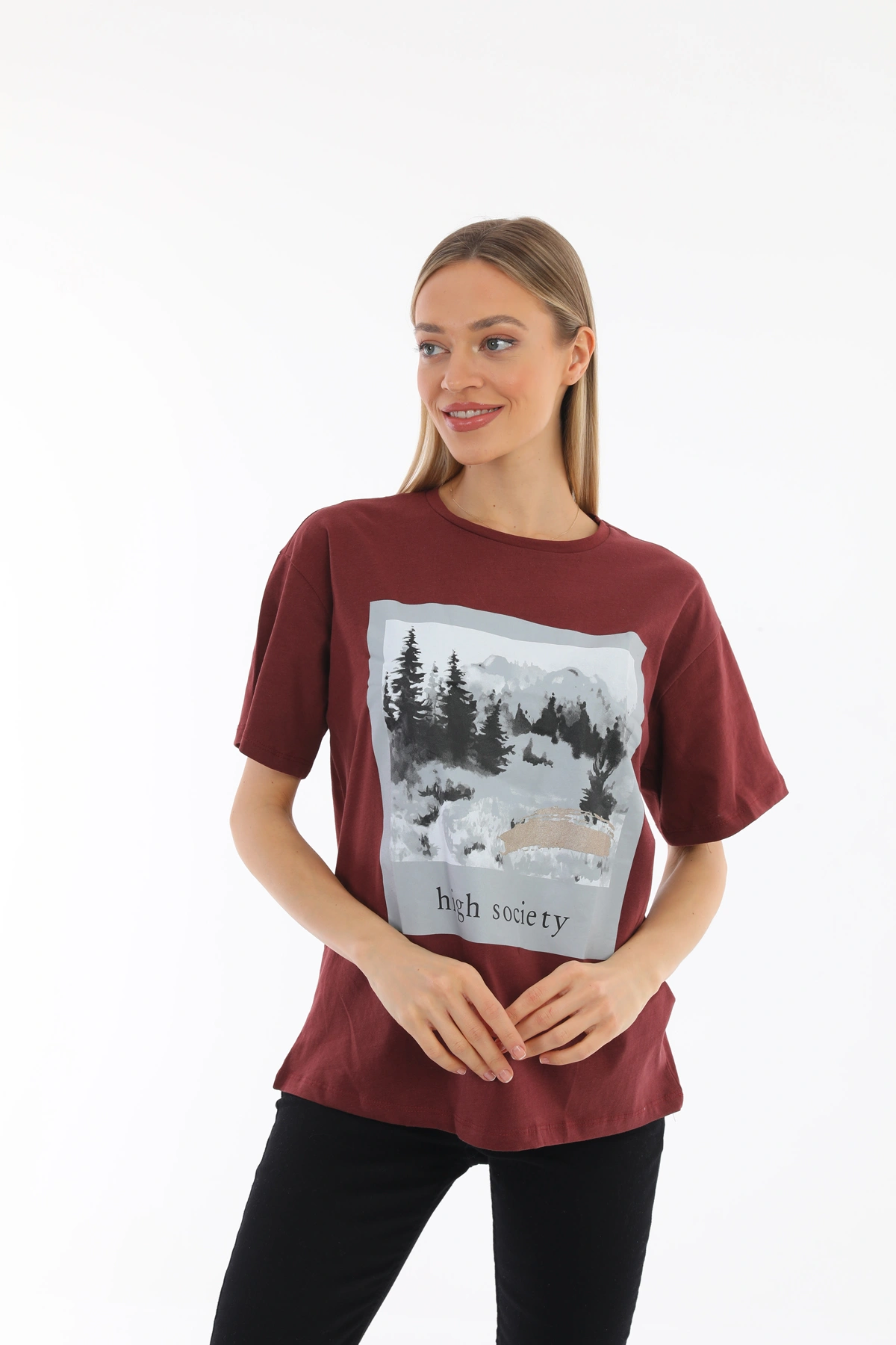 Oversize Baskılı Bordo Tişört
