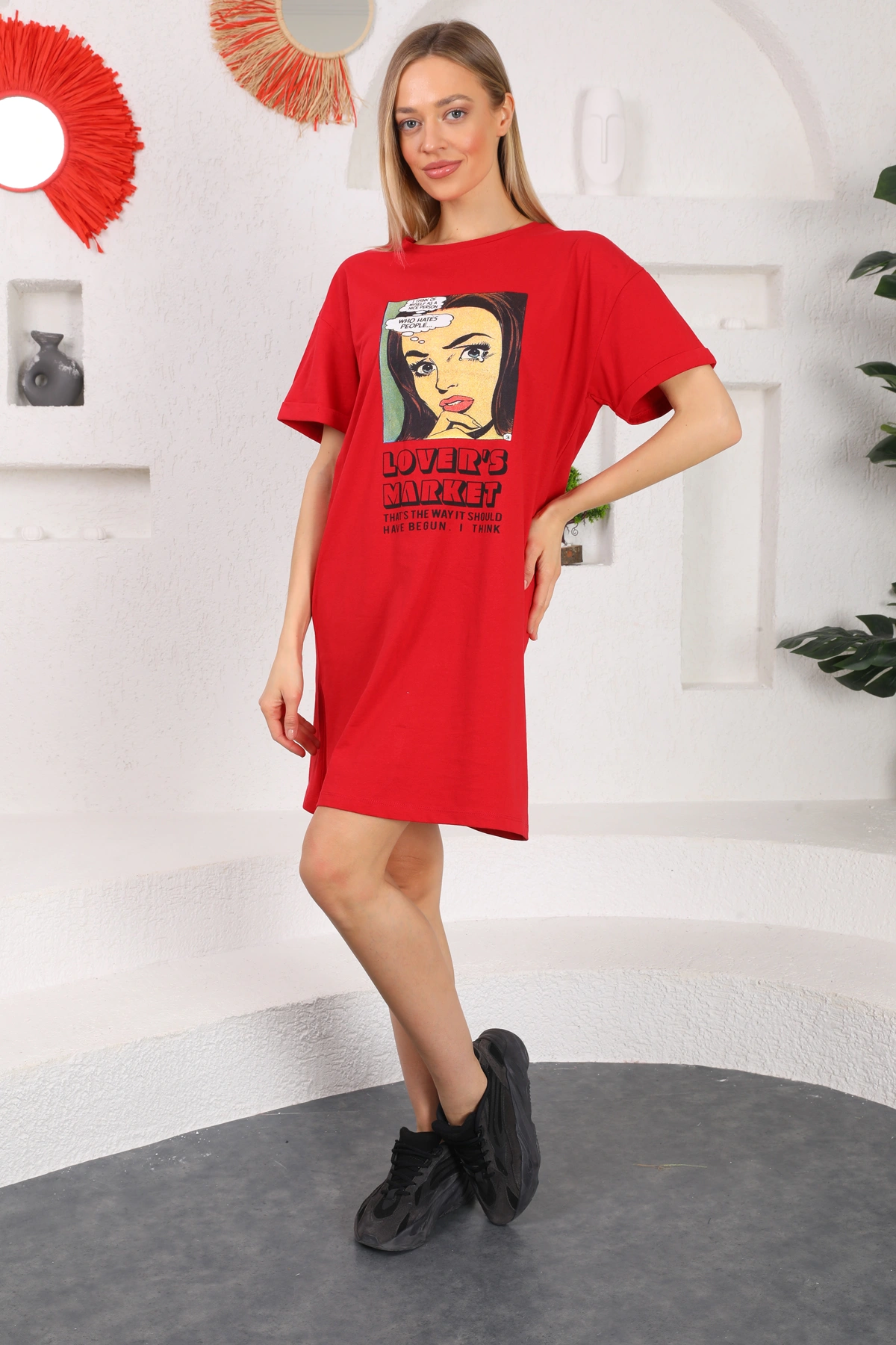 Baskılı uzun elbise&tunik kırmızı