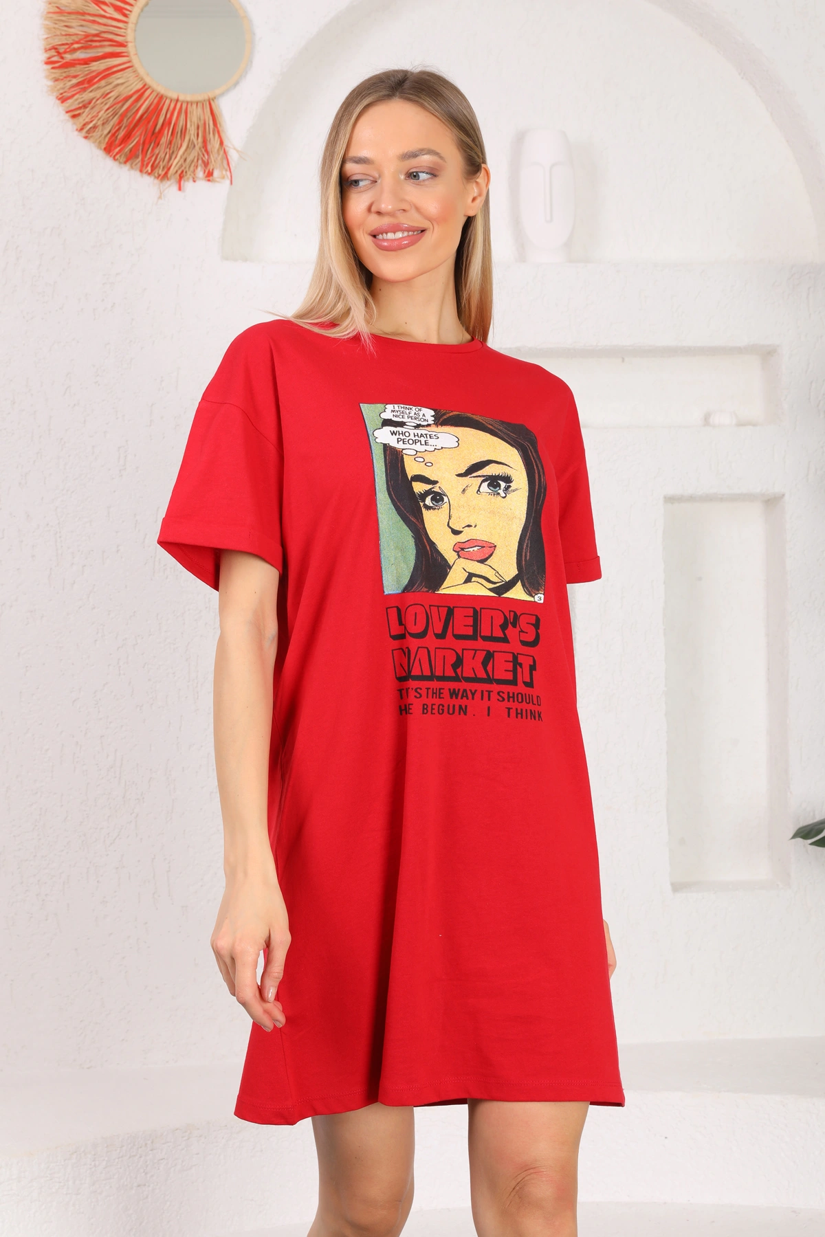 Baskılı uzun elbise&tunik kırmızı