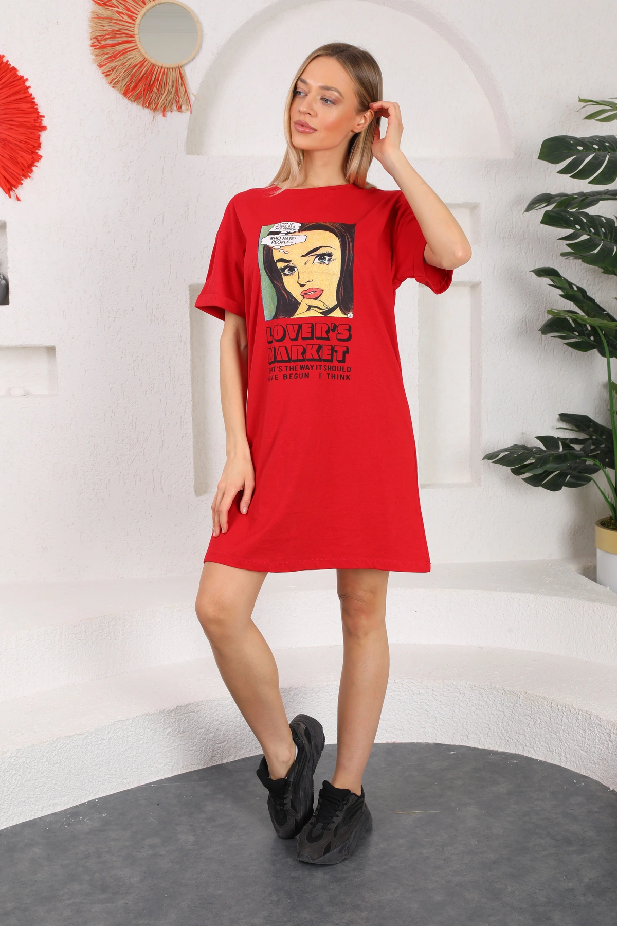 Baskılı uzun elbise&tunik kırmızı