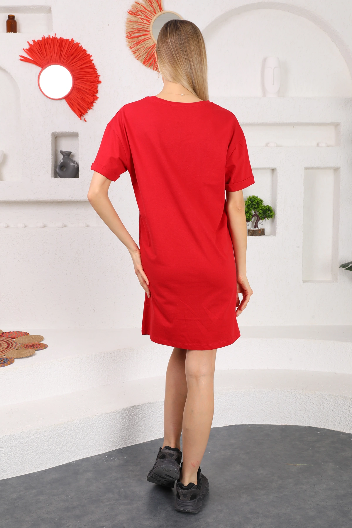 Baskılı uzun elbise&tunik kırmızı