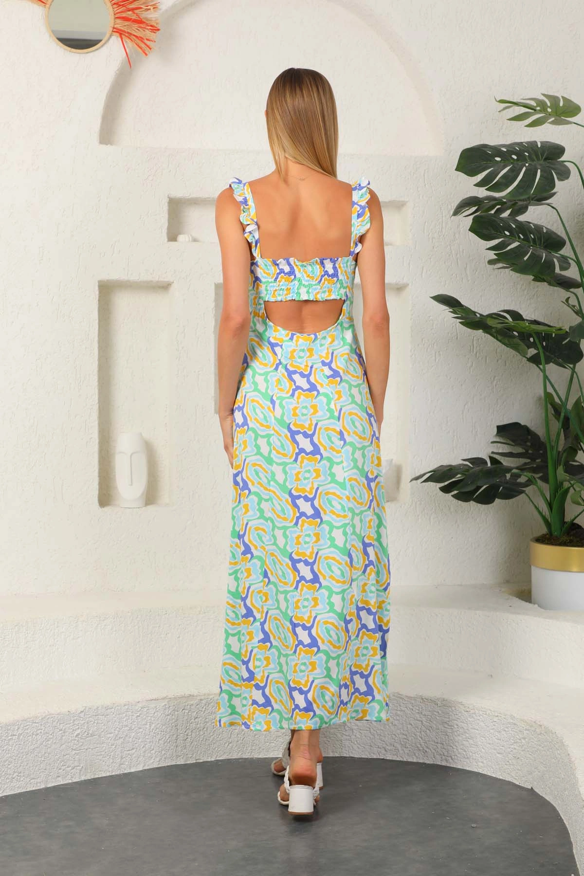 PULLAPS Askılı arkası drapeli desenli elbise