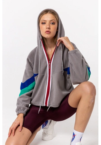 Kadın Gri Fermuarlı Kapüşonlu Polar Sweatshirt