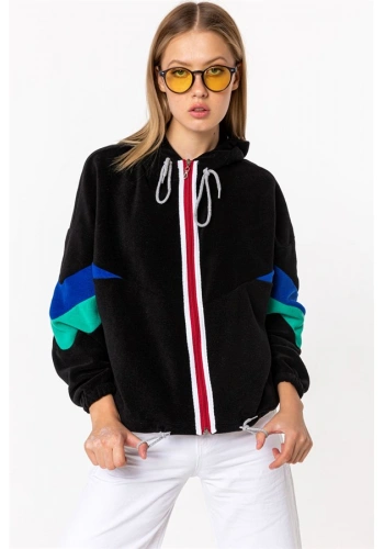 Kadın Siyah Fermuarlı Kapüşonlu Polar Sweatshirt