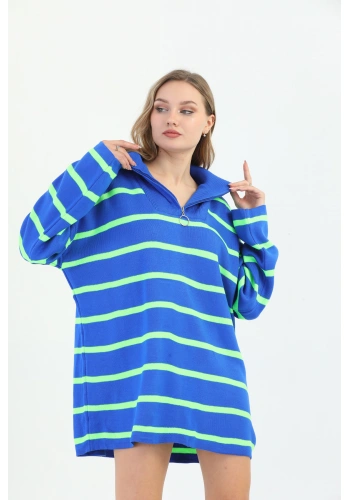 Pullaps Kadın Çizgili Fermuarlı Oversize Triko