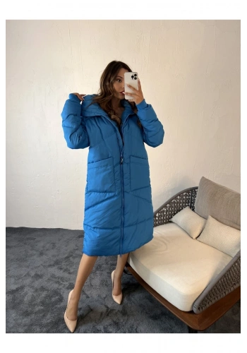 Fame İstanbul Kadın Oversize Mavi Şişme Uzun Kaban