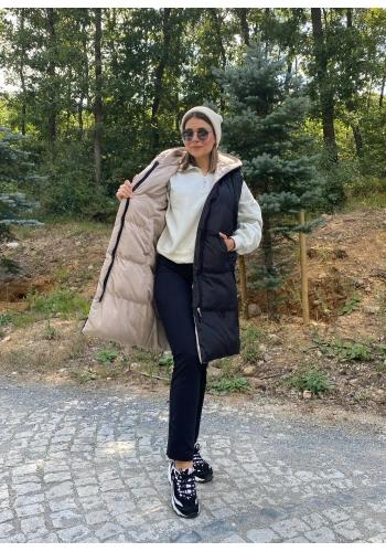 Kadın Siyah Çift Taraflı Fermuarlı Uzun Şişme Yelek