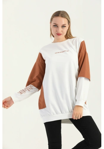 Kadın Siyah Bisiklet Yaka Çift Kol Efektli Baskılı Oversize Sweatshirt