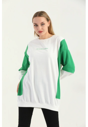 Kadın Siyah Bisiklet Yaka Çift Kol Efektli Baskılı Oversize Sweatshirt