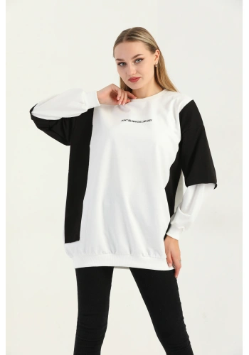 Kadın Siyah Bisiklet Yaka Çift Kol Efektli Baskılı Oversize Sweatshirt