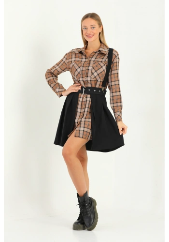 Kadın Etekli kareli elbise kahve