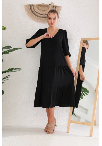 V yaka Önden Düğmeli Elbise