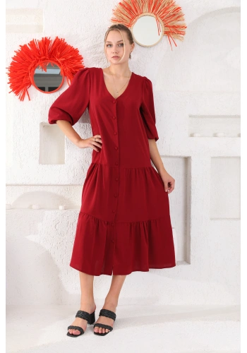 V yaka Önden Düğmeli Elbise