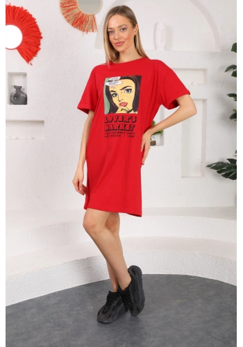 Baskılı uzun elbise&tunik kırmızı