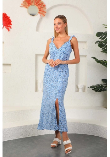 PULLAPS Askılı arkası drapeli çiçekli elbise mavi