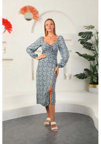 PULLAPS Ön yırtmaçlı çiçekli uzun kol elbise