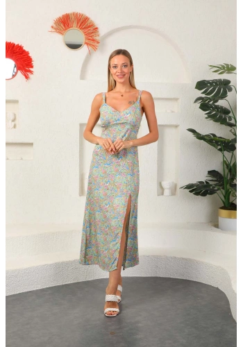 PULLAPS Ön yırtmaçlı askılı çiçekli elbise