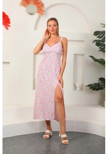 PULLAPS Ön yırtmaçlı askılı çiçekli elbise