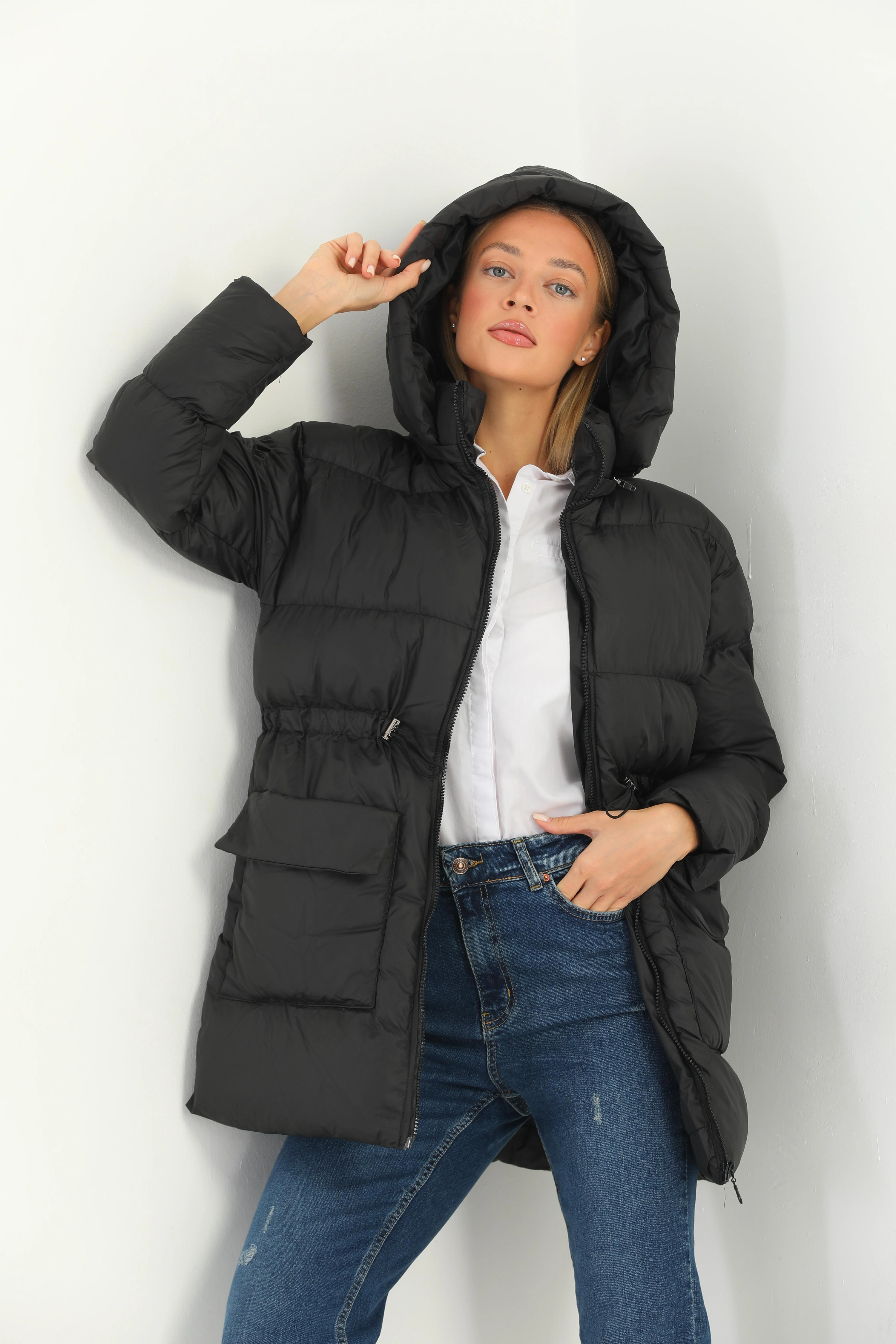 Kadın Kapşonlu Fermuarlı Şişme Mont