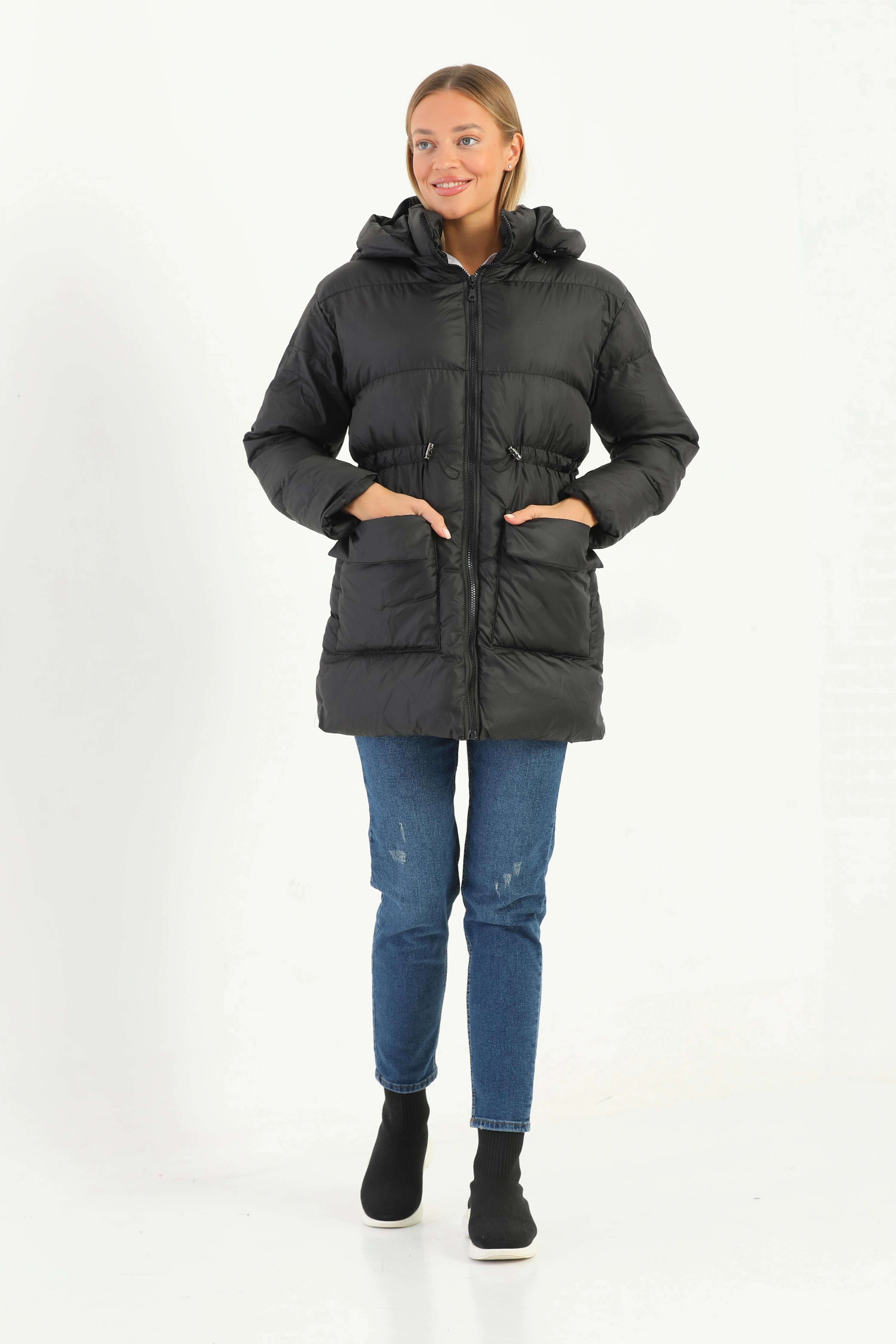 Kadın Kapşonlu Fermuarlı Şişme Mont