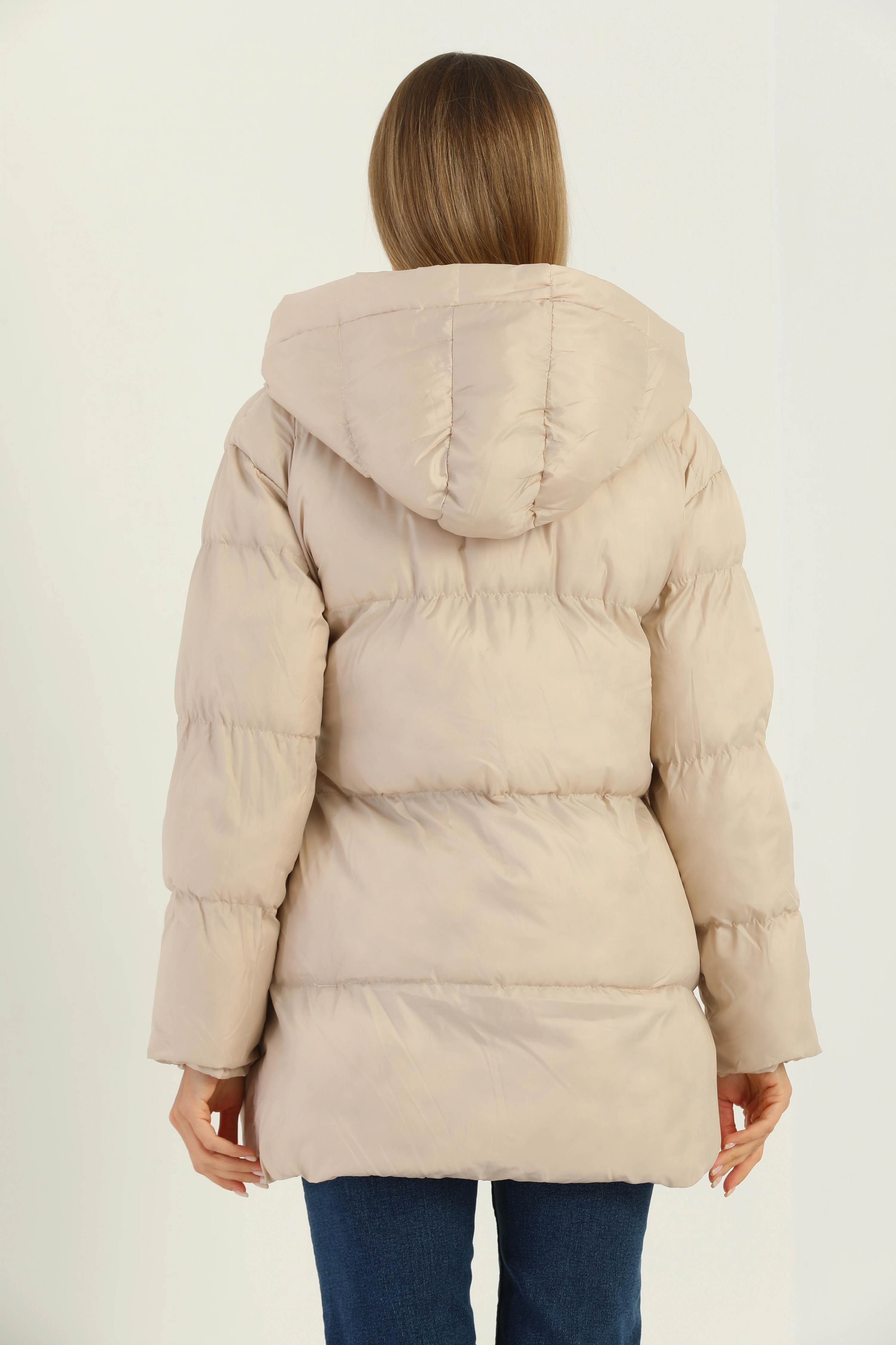 Kadın Kapşonlu Fermuarlı Şişme Mont Krem