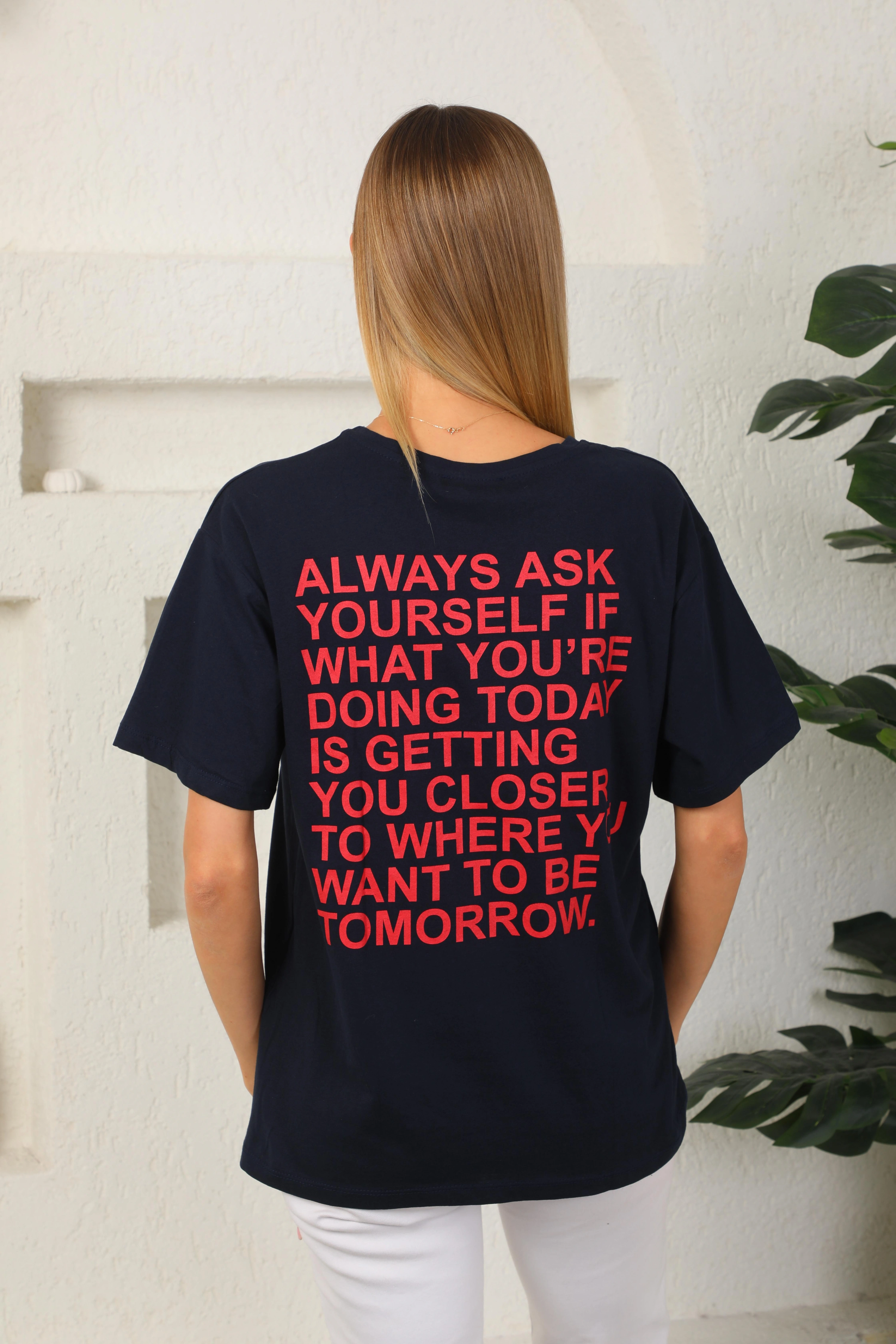 Lacivert Arkası Baskılı Oversize Tişört